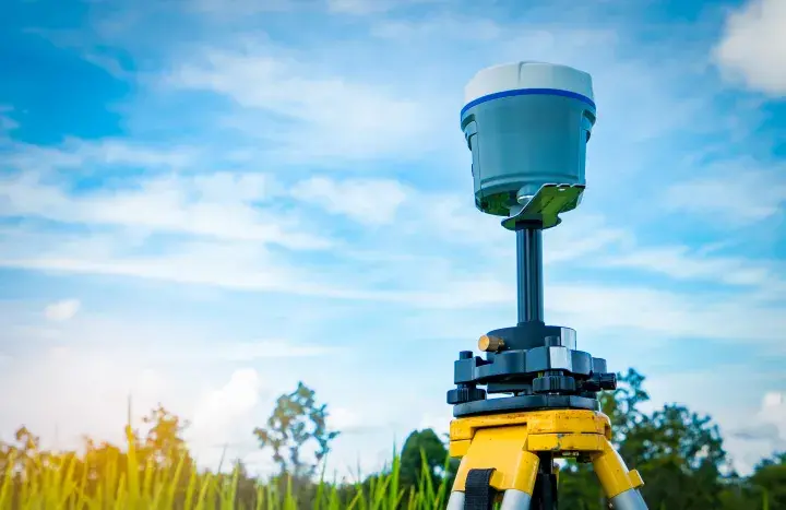 GPS surveying instrument on blue sky and rice field background © Artinun, Adobe stock